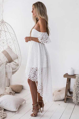 A-Line Straps Off-the-shoulder High Low White Lace Homecoming Dress
