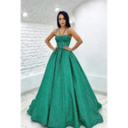 NumberSea - A - Line Straps Sequined Belt Sleeveless Prom Dress