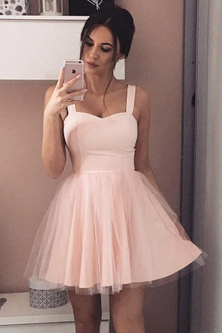 A-Line Straps Short Prom Dress Sleeveless Pink Tulle Homecoming Dress