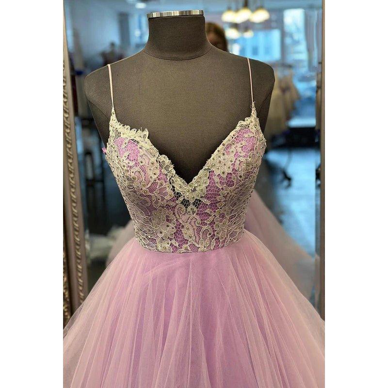 NumberSea - A - Line Straps Tulle Appliques Sleeveless Prom Dress