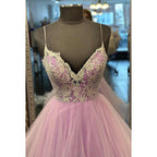 NumberSea - A - Line Straps Tulle Appliques Sleeveless Prom Dress