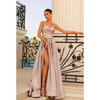 NumberSea - A Line Sweetheart Beaded Pleated Satin Long Prom Evening Dress With Slit