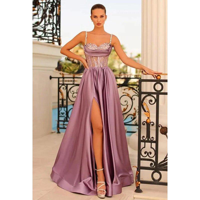 NumberSea - A Line Sweetheart Beaded Pleated Satin Long Prom Evening Dress With Slit
