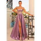 NumberSea - A Line Sweetheart Beaded Pleated Satin Long Prom Evening Dress With Slit