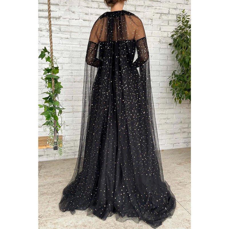 NumberSea - A - line Sweetheart Black Star Tulle Long Prom Dress Glitter