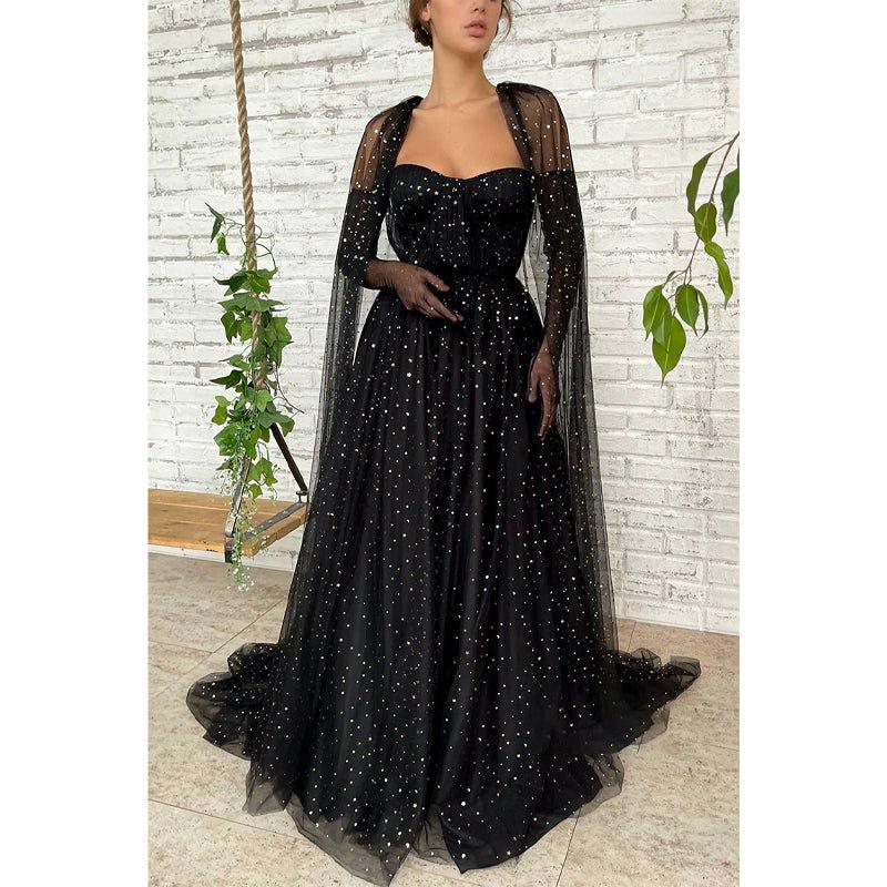 NumberSea - A - line Sweetheart Black Star Tulle Long Prom Dress Glitter