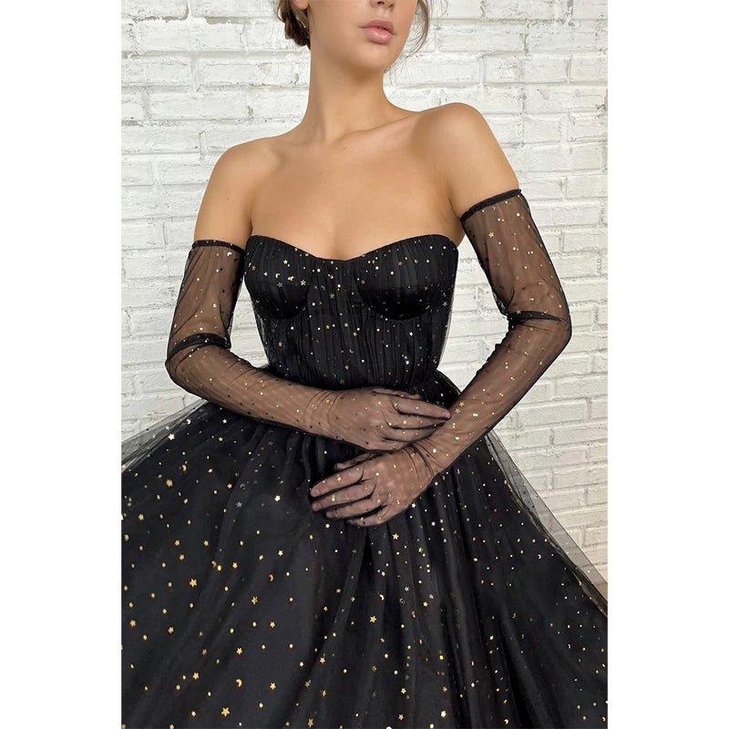 NumberSea - A - line Sweetheart Black Star Tulle Long Prom Dress Glitter