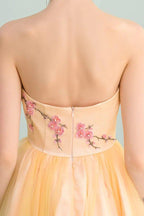 NumberSea - A - Line Sweetheart High Low Yellow Stretch Satin Homecoming Dress with Appliques