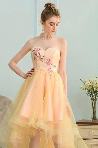 NumberSea - A - Line Sweetheart High Low Yellow Stretch Satin Homecoming Dress with Appliques