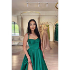 NumberSea - A Line Sweetheart High Split Green Long Prom Dress with Pockets