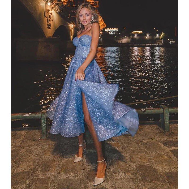 NumberSea - A Line Sweetheart Side Slit Tea Length Sparkly Prom Dress