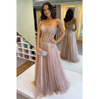 NumberSea - A - line Sweetheart Tulle Beaded Long Formal Evening Dress