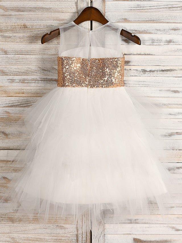 NumberSea - A - Line Tulle Sequined Jewel Neck Wedding First Communion Pageant Flower Girl Dresses