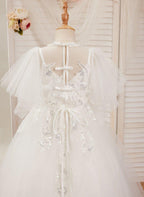 NumberSea - A - line Tulle Sweep Train Ivory First Communion Flower Girl Dress
