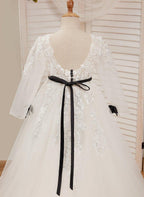 NumberSea - A - line Tulle Sweep Train Ivory First Communion Flower Girl Dress