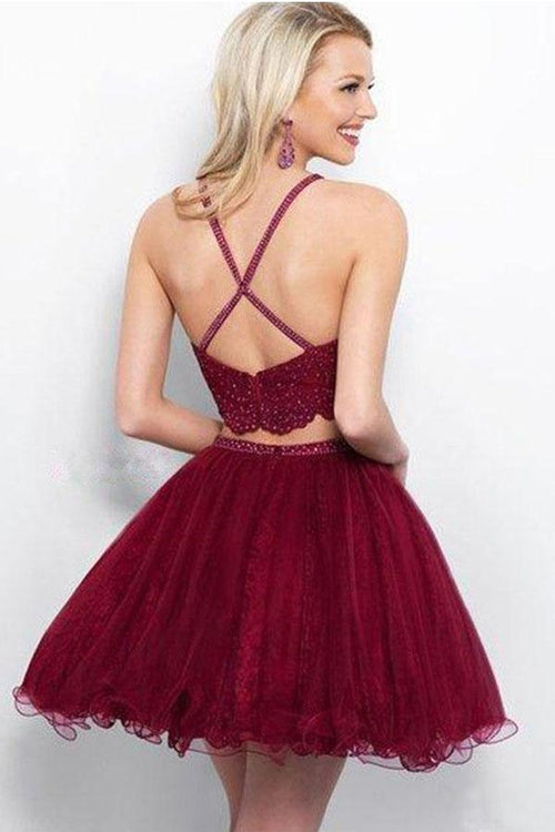 Vestidos de fiesta cortos de dos piezas con apliques en color burdeos y cuentas