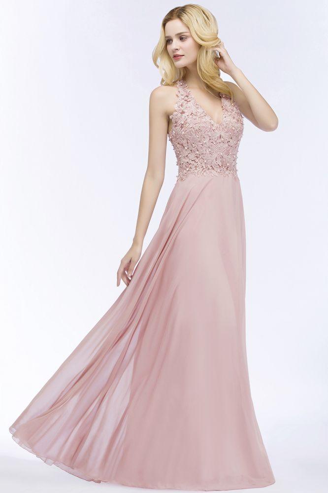 A-Linie V-Ausschnitt Applikationen Chiffon Abend Maxikleider Ärmelloses Brautjungfernkleid