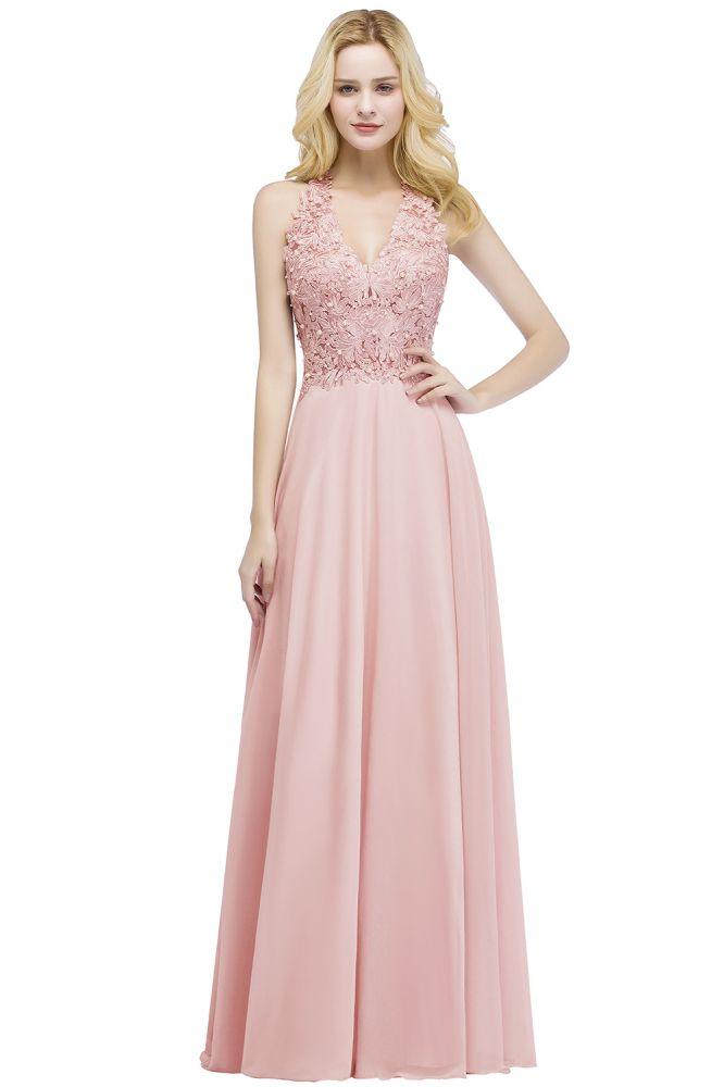 A-Linie V-Ausschnitt Applikationen Chiffon Abend Maxikleider Ärmelloses Brautjungfernkleid