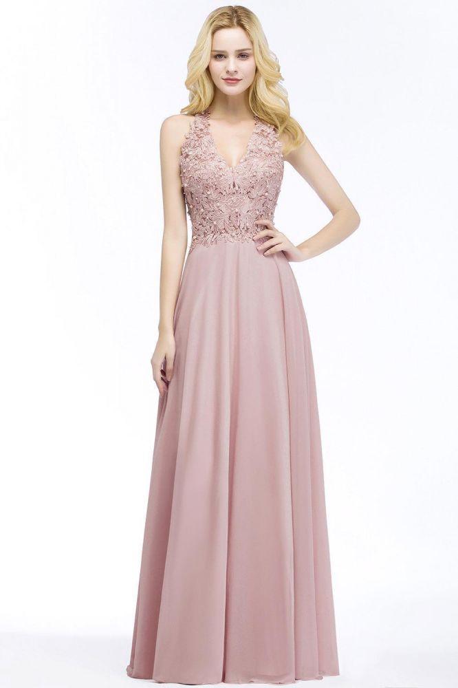 A-Linie V-Ausschnitt Applikationen Chiffon Abend Maxikleider Ärmelloses Brautjungfernkleid