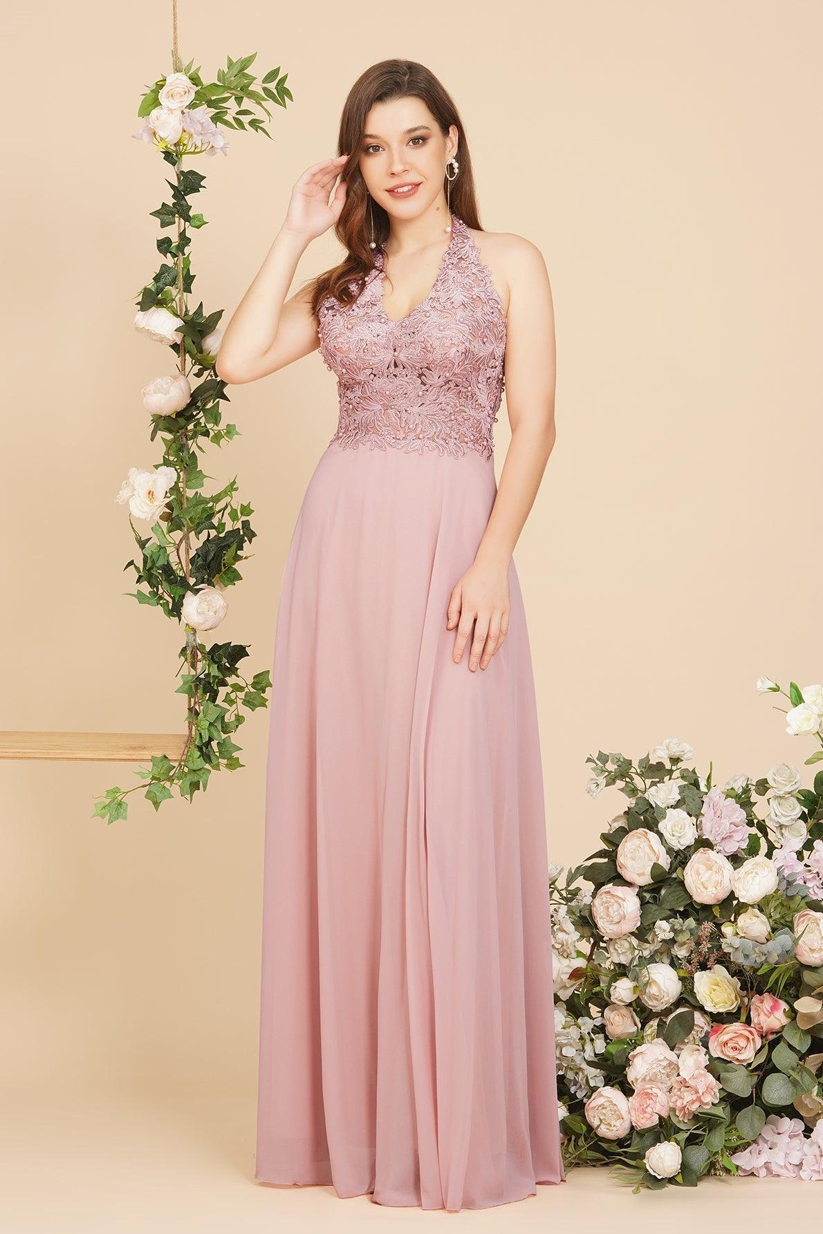 A-Linie V-Ausschnitt Applikationen Chiffon Abend Maxikleider Ärmelloses Brautjungfernkleid