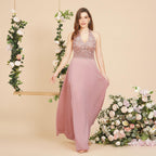 A-Linie V-Ausschnitt Applikationen Chiffon Abend Maxikleider Ärmelloses Brautjungfernkleid