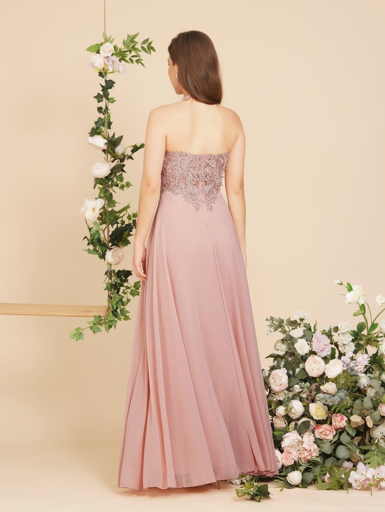 A-Linie V-Ausschnitt Applikationen Chiffon Abend Maxikleider Ärmelloses Brautjungfernkleid