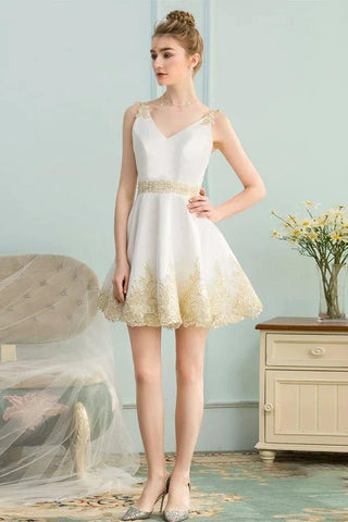 NumberSea - A - Line V - Neck Appliques Short White Satin Homecoming Dress