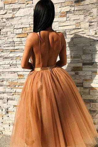 A-Line V-Neck Backless Gold Tulle Homecoming Dress with Appliques