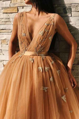 A-Line V-Neck Backless Gold Tulle Homecoming Dress with Appliques