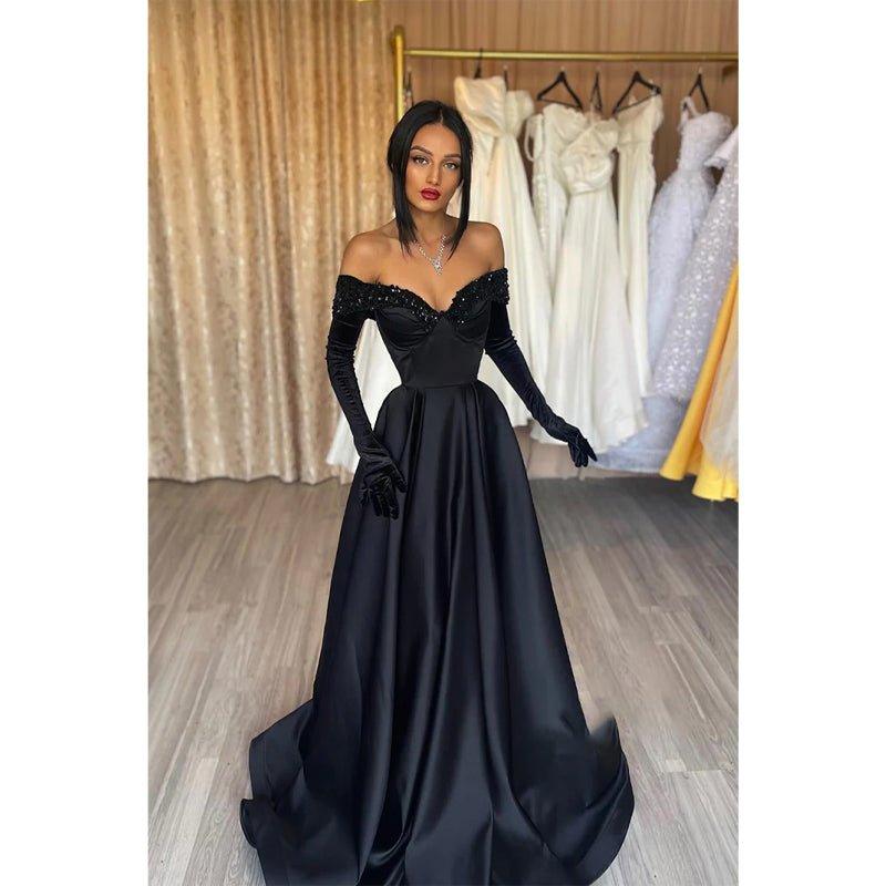 NumberSea - A - line V - neck Beads Long Sleeves Black Vintage Formal Evening Gowns