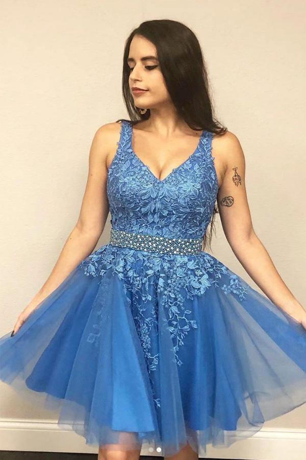 A-Linie V-Ausschnitt Blau Kurzes Ballkleid Homecoming-Kleid mit Applikationen PD423