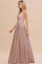 A-Line V-neck Floor-Length Tulle Sequined Prom Dresses