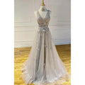 NumberSea - A - line V - neck Grey Tulle Appliques Long Prom Dress