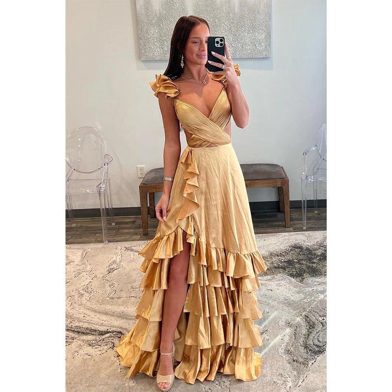 A-line V-neck High Low Ruffles Simple Champagne Prom Dress Evening Dress