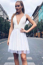 A-Line V-Neck Knee-Length Black Homecoming Dress with Beading