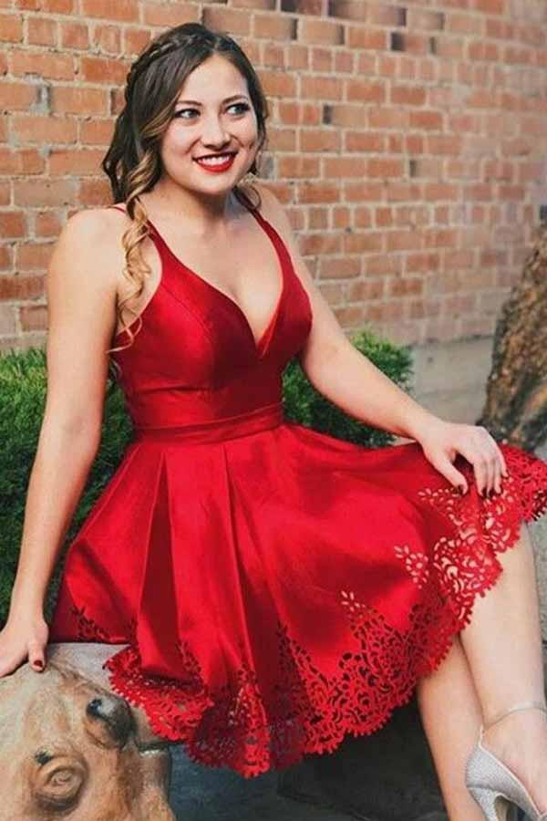 A-Line V-Neck Pleated Short Red Satin Homecoming Dress
