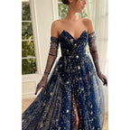 NumberSea - A - line V Neck Pleats Start Tulle Sparkly Prom Dress