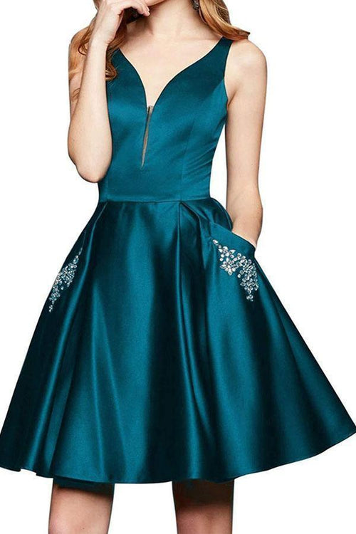 Vestido de fiesta de satén burdeos con escote en V, cuentas y bolsillos, corte A, PD262