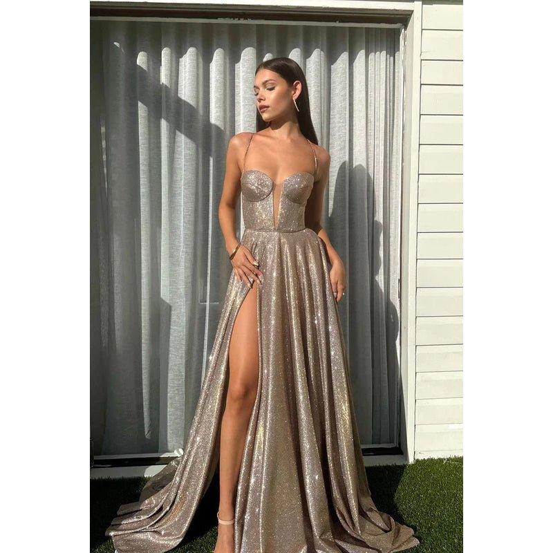 NumberSea-A-Line V-Neck Sequined Split Lace-Up Sleeveless Prom Dress Champagne NumberSea-A-Line V-Neck Sequined Split Lace-Up Sleeveless Prom Dress Champagne