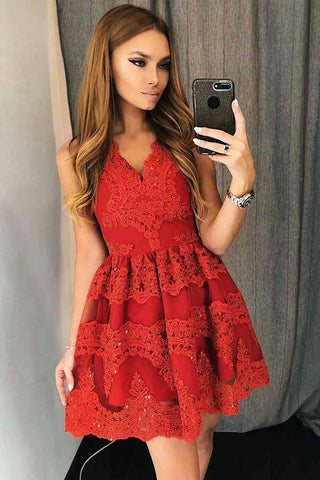 A-Line V-Neck Short Red Tulle Homecoming Dress with Appliques Beading