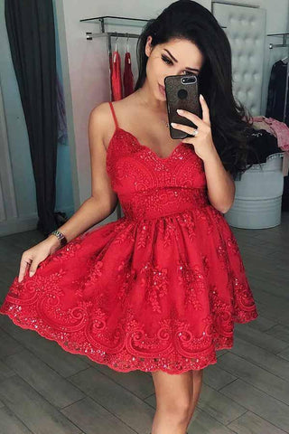A-Line V-Neck Short Red Tulle Homecoming Dress with Appliques Beading