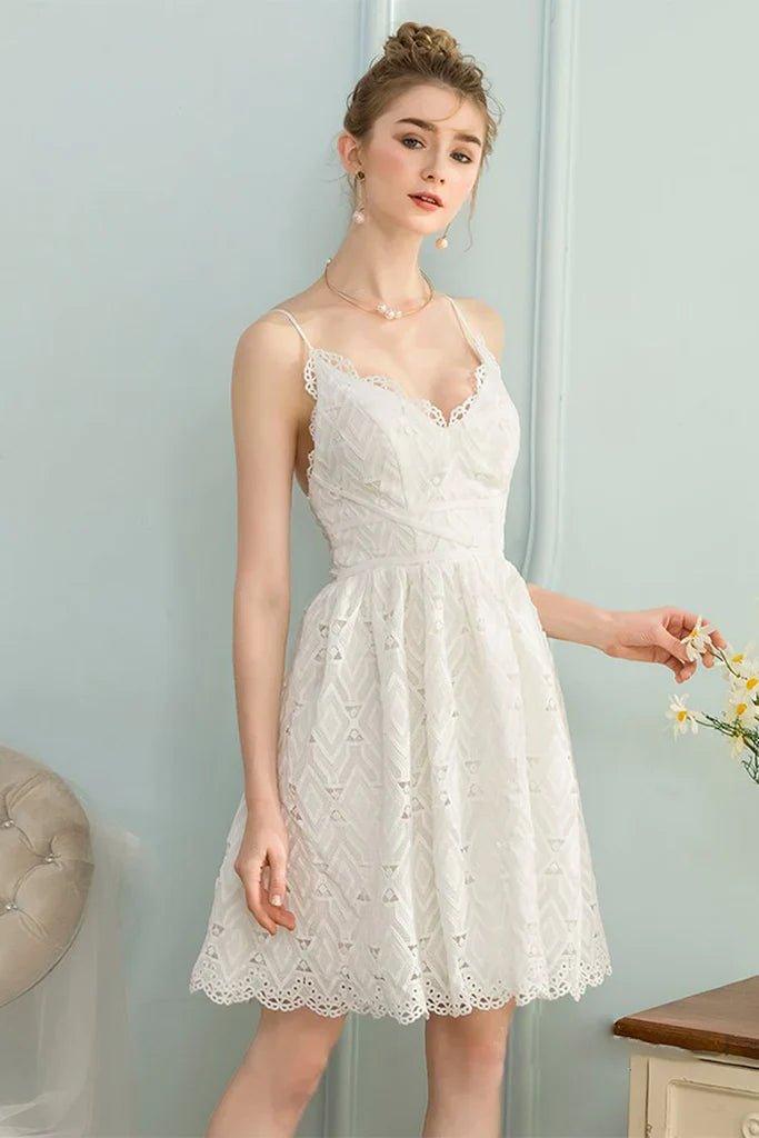 NumberSea - A - Line V - Neck Sleeveless Short White Lace Homecoming Dress
