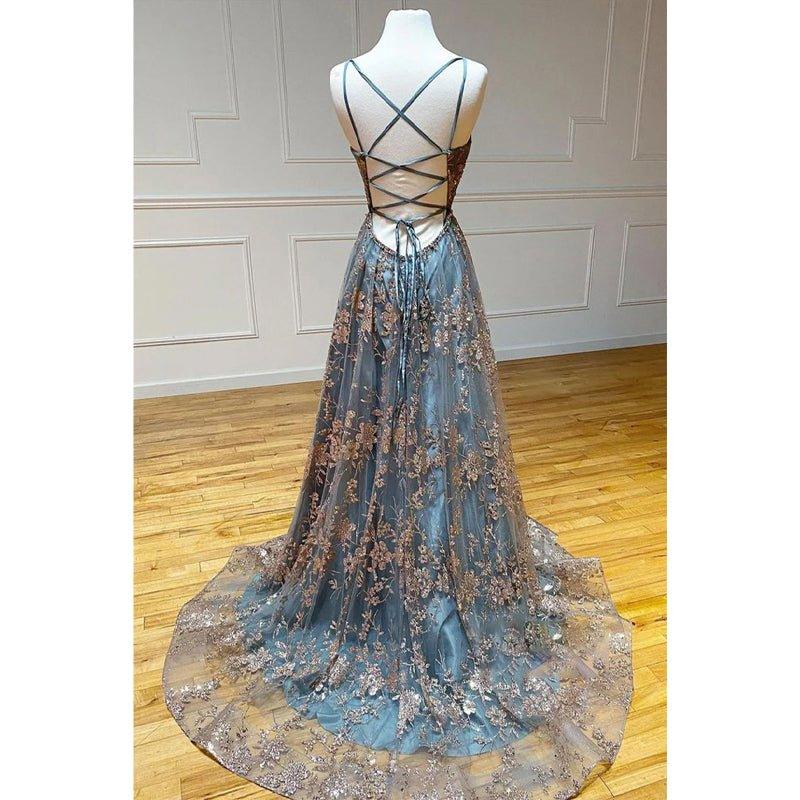 NumberSea - A - line V - neck Spaghetti Sequins Tulle Long Prom Dress with Slit