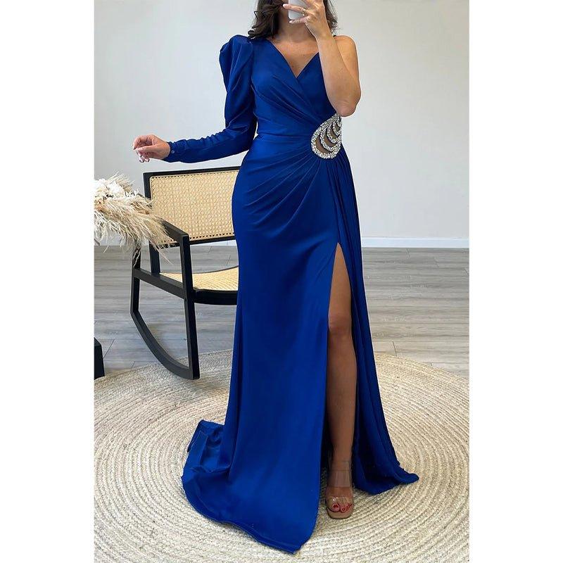 NumberSea - A - line V - neck Straps Beaded Long Sleeves Satin Long Prom Dress Evening Gown