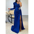 NumberSea - A - line V - neck Straps Beaded Long Sleeves Satin Long Prom Dress Evening Gown