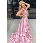 NumberSea - A - line V - neck Straps Pink Long Prom Dress with Split Evening Gowns