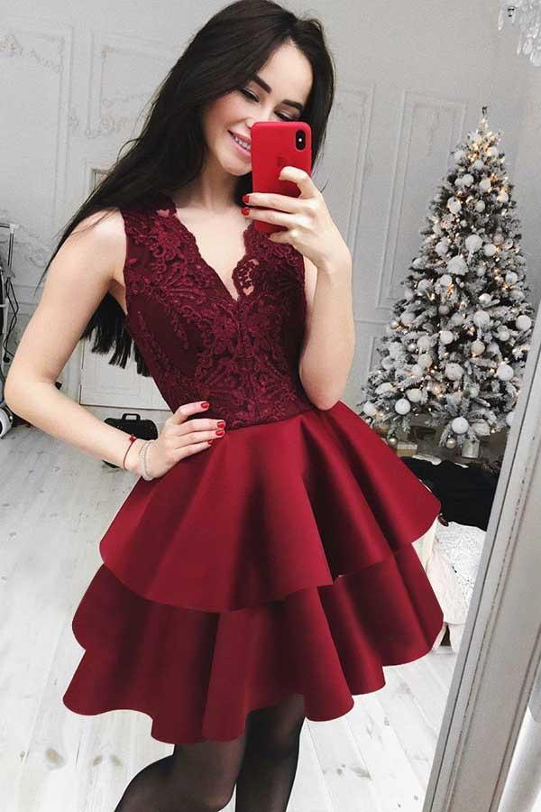A-Line V-Neck Tiered Dark Burgundy Homecoming/Party Dress with Lace