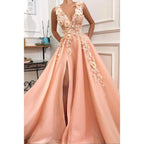 NumberSea - A - line V - neck Tulle Appliques Long Prom Dress with Slit