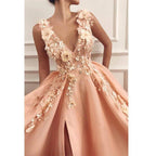 NumberSea - A - line V - neck Tulle Appliques Long Prom Dress with Slit