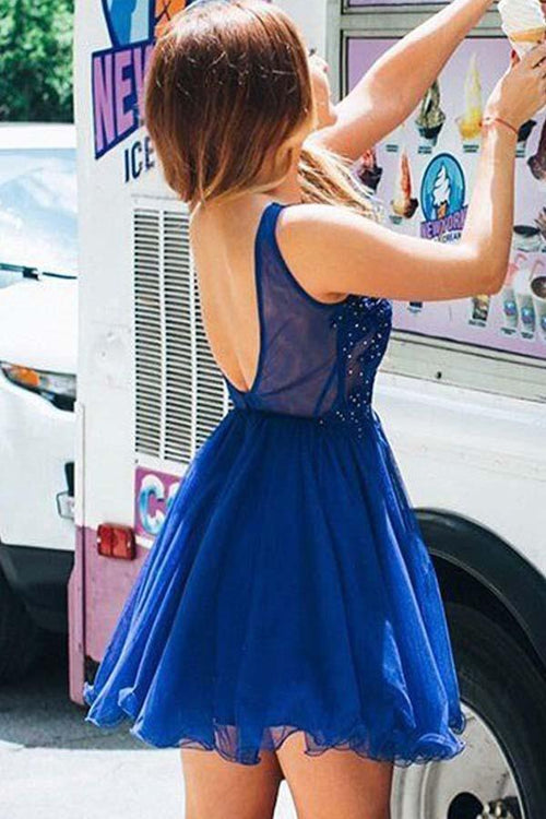 A Line V Neck Tulle Beaded Royal Blue Homecoming Dresses with Appliques
